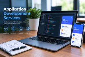 Application development services featuring web applications, mobile apps, cloud solutions, and API integration.